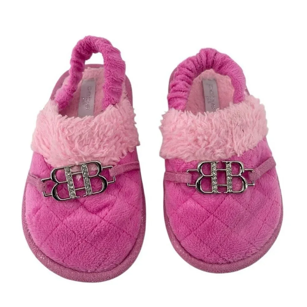 Bebe Girls Pink Plush Faux Fur Slingback Slippers Size 9/10 Cozy Fuzzy Shoes